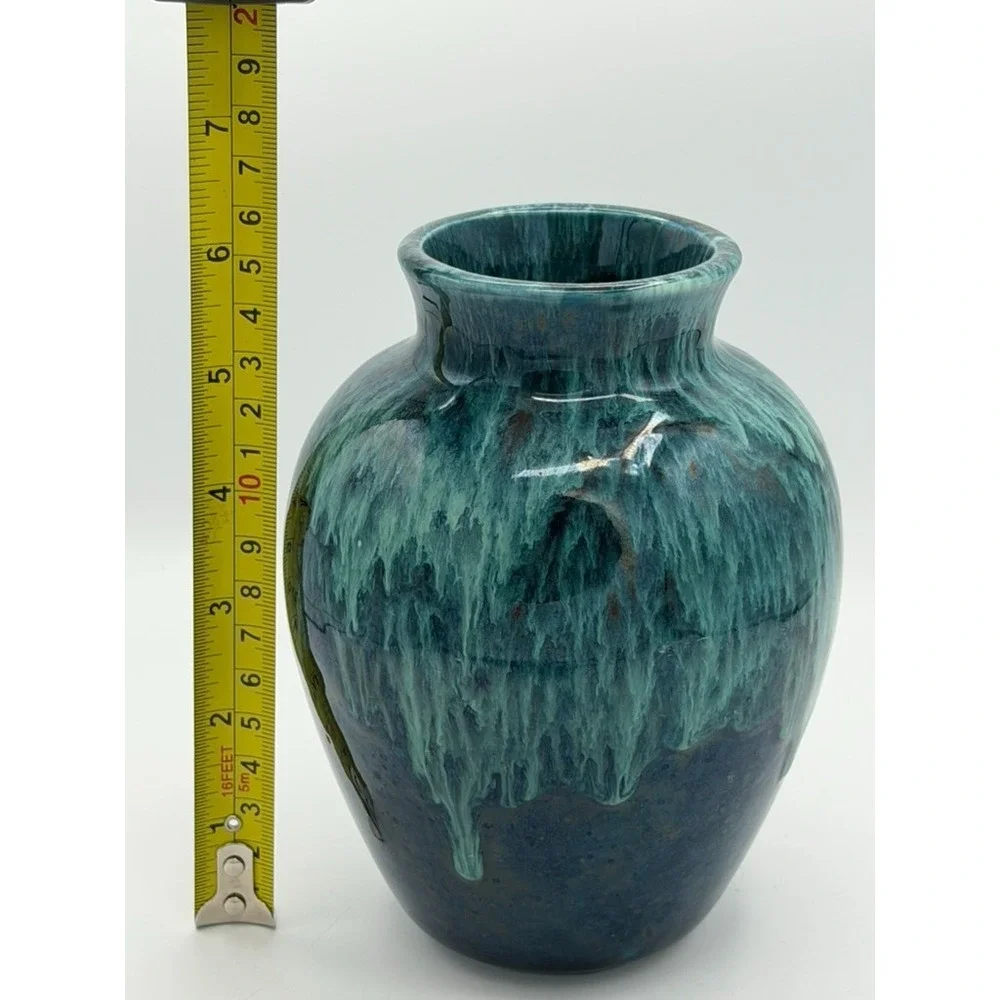 Vintage Studio Pottery Drip Glaze Vase Blue Green ~6